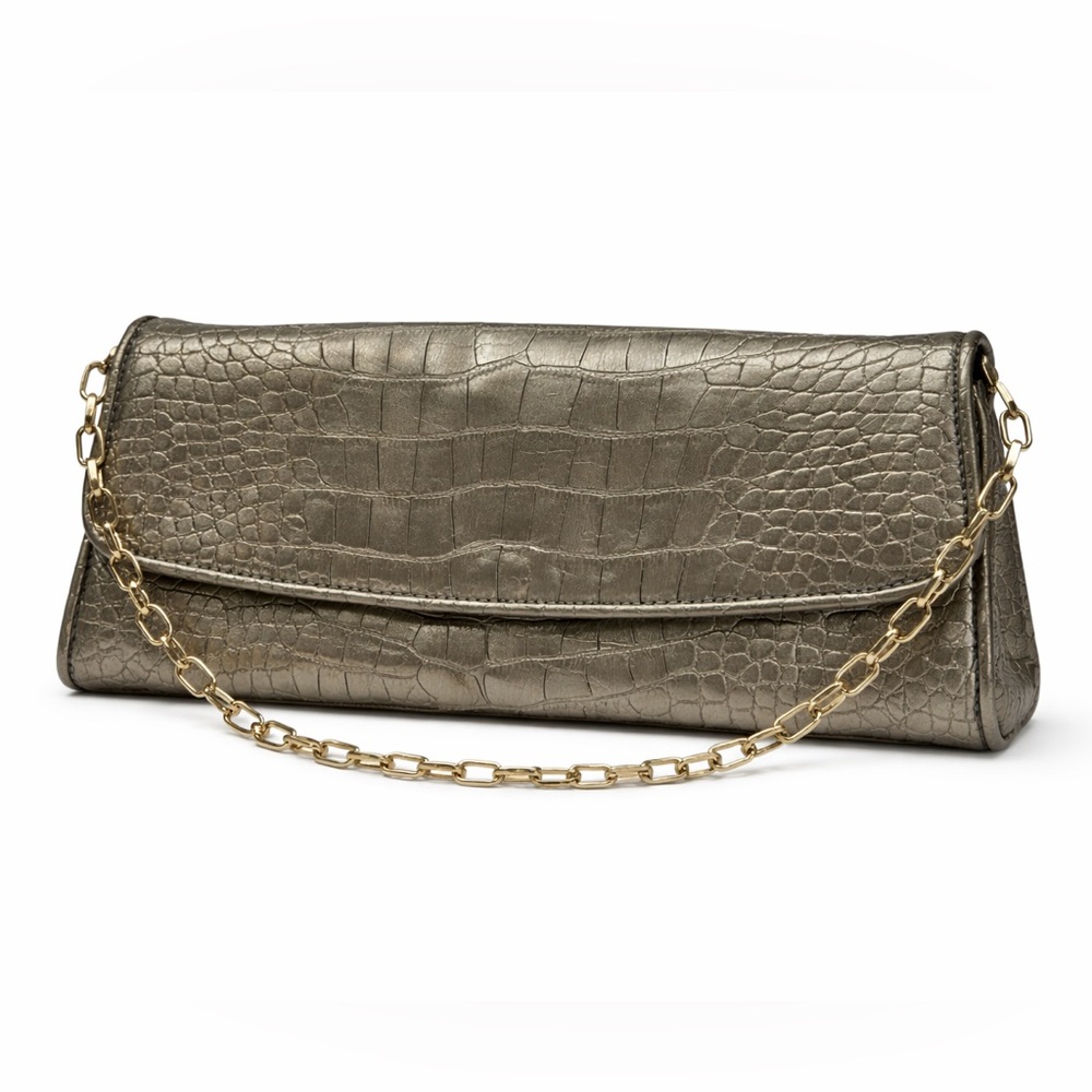 Ann Taylor LOFT Faux Alligator Clutch Pewter Metallic Chain Strap Evening Bag